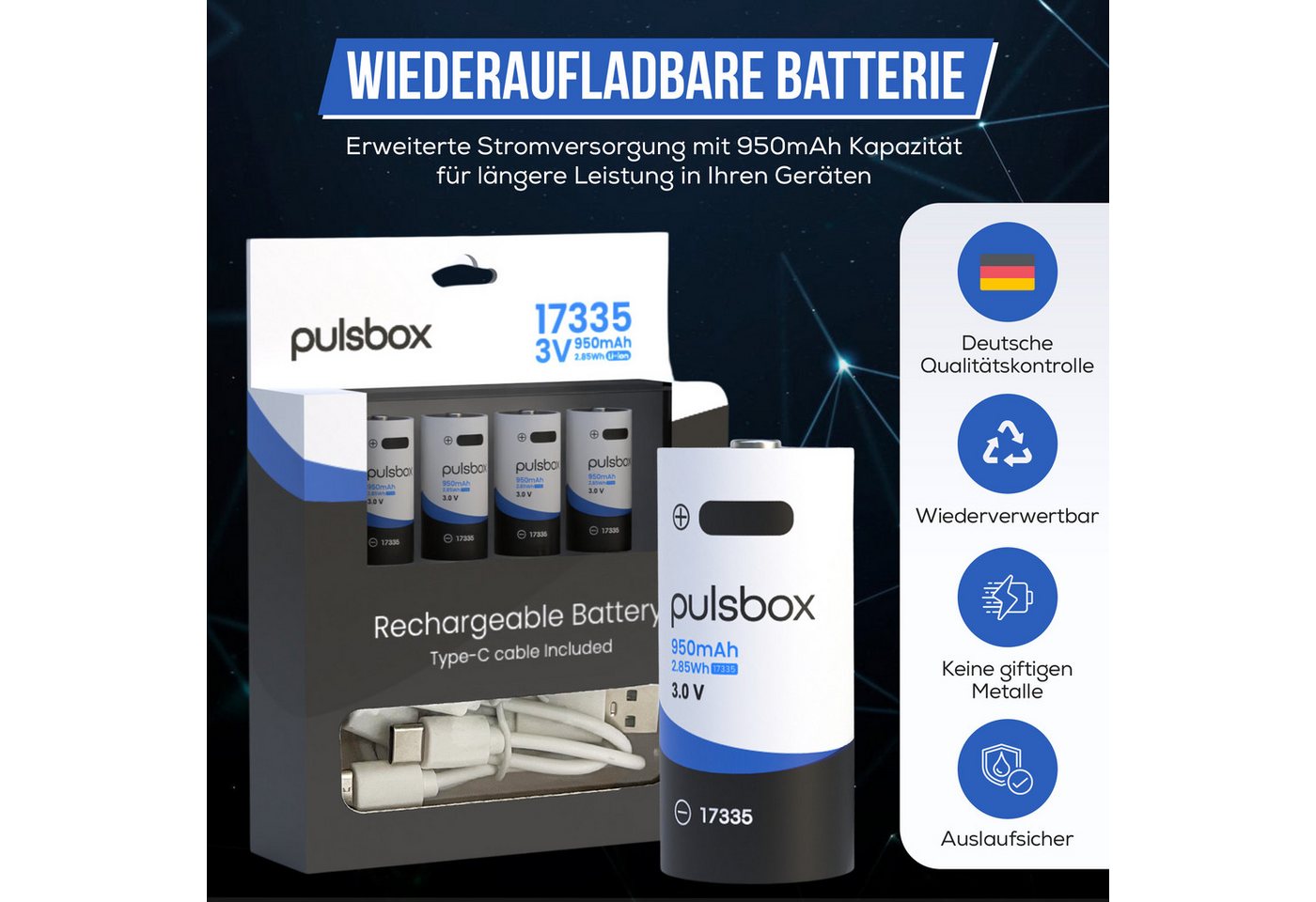 pulsbox RCR123A Akku Li-Ion 3.0V - 3.7V 950mAh USB-C wiederaufladbar Akku, - passend für CR123A 16340 Geräte Bild 4