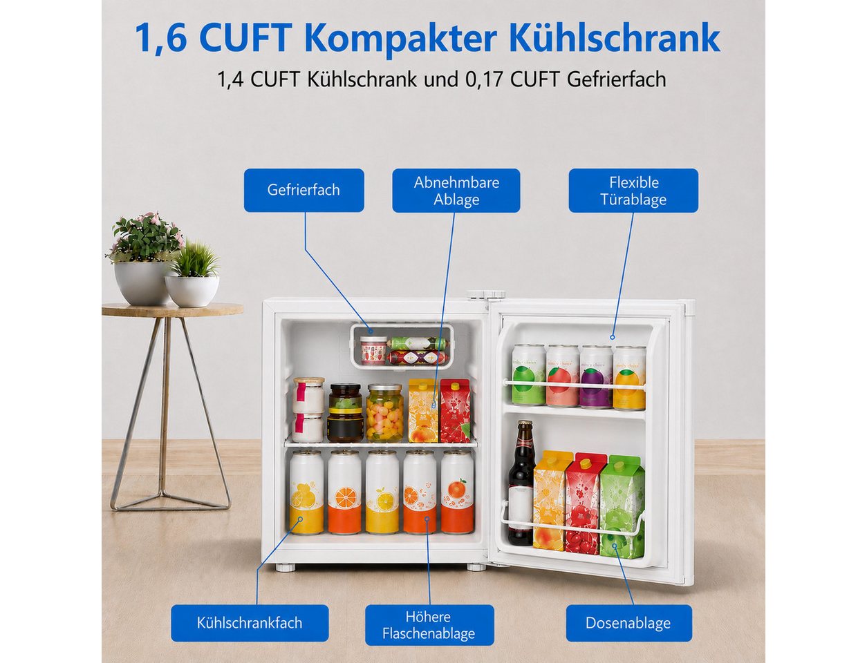 Kismile Kühlschrank 45L Mini-Kühlschrank mit Gefrierfach, kleiner Kühlschrank mit wechselbarem Türanschlag BC-46, regelbarer Thermostat, ultra leise & energiesparend Bild 5