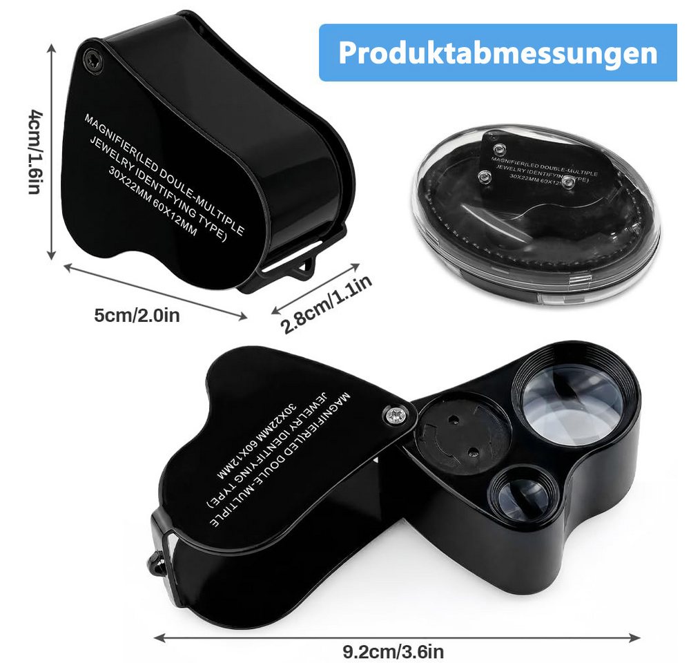 nsihing Lupenbrille Juwelier Lupe, 30X and 60X Vergrößerung, Metall Faltlupe mit LED, für Diamanten, Edelsteine, Schmuck, Briefmarken, Münzen