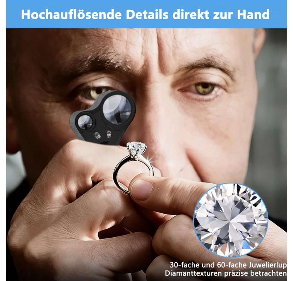 nsihing Lupenbrille Juwelier Lupe, 30X and 60X Vergrößerung, Metall Faltlupe mit LED, für Diamanten, Edelsteine, Schmuck, Briefmarken, Münzen Bild 2