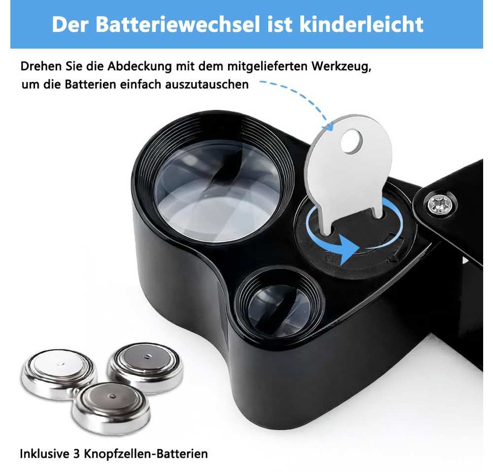 nsihing Lupenbrille Juwelier Lupe, 30X and 60X Vergrößerung, Metall Faltlupe mit LED, für Diamanten, Edelsteine, Schmuck, Briefmarken, Münzen Bild 5