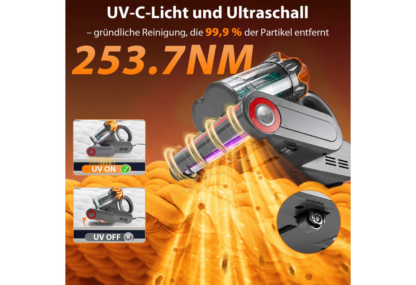 Grenintol Matratzenreinigungsgerät 18.000Pa Milbenstaubsauger mit Sensor, UV-C-Licht, 65 °C Heißluft, 550 W, Beutelloser Milbensauger mit HEPA-Filter, Vibrationsbürste mit Klopffunktion, Staubsensor und Diffusionsfilter, kompakter Milben-Handstaubsauger für Matratzen, Sofas und Kissen