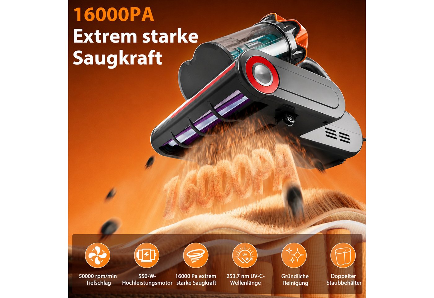 Grenintol Matratzenreinigungsgerät 18.000Pa Milbenstaubsauger mit Sensor, UV-C-Licht, 65 °C Heißluft, 550 W, Beutelloser Milbensauger mit HEPA-Filter, Vibrationsbürste mit Klopffunktion, Staubsensor und Diffusionsfilter, kompakter Milben-Handstaubsauger für Matratzen, Sofas und Kissen Bild 2