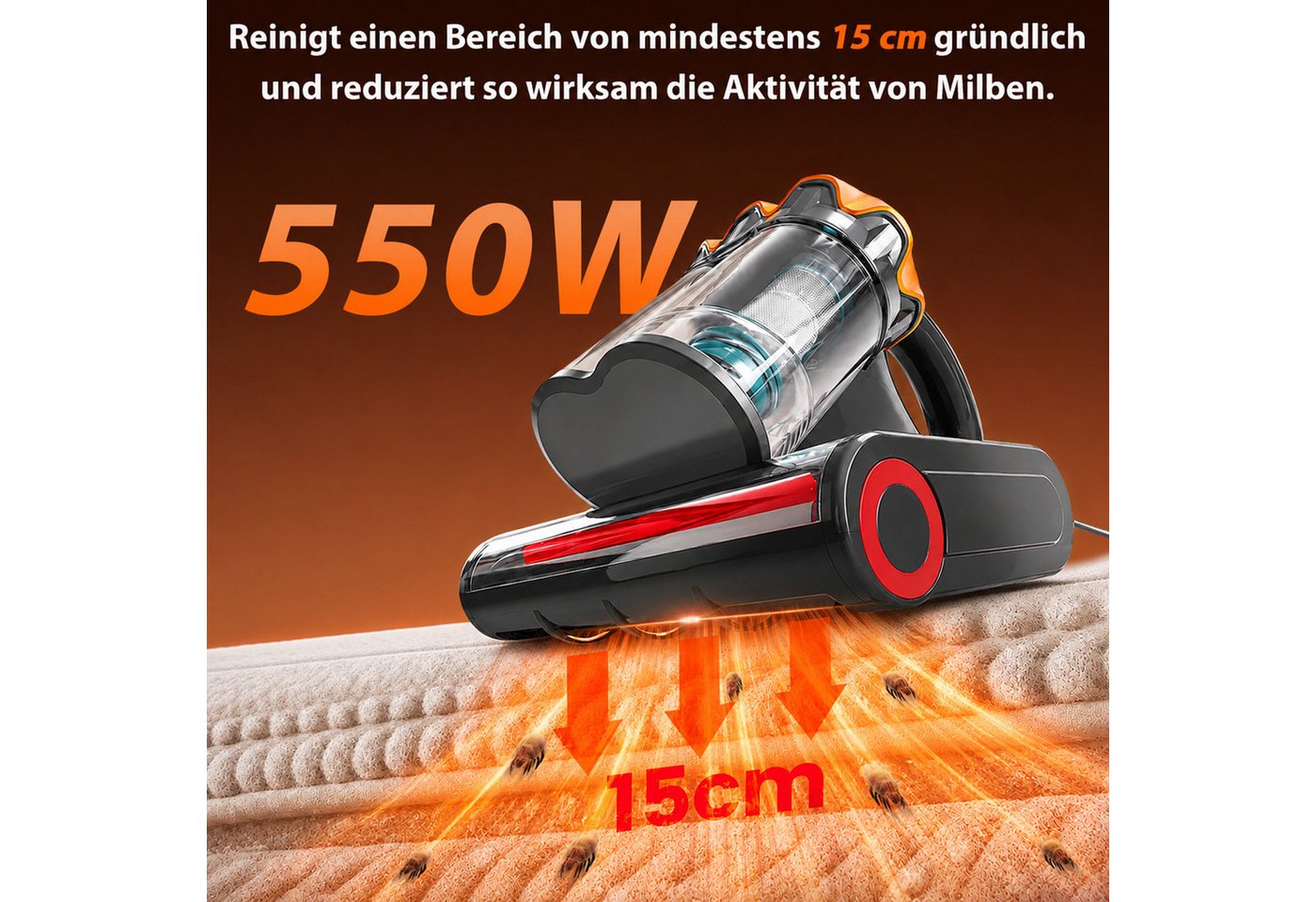 Grenintol Matratzenreinigungsgerät 18.000Pa Milbenstaubsauger mit Sensor, UV-C-Licht, 65 °C Heißluft, 550 W, Beutelloser Milbensauger mit HEPA-Filter, Vibrationsbürste mit Klopffunktion, Staubsensor und Diffusionsfilter, kompakter Milben-Handstaubsauger für Matratzen, Sofas und Kissen Bild 5