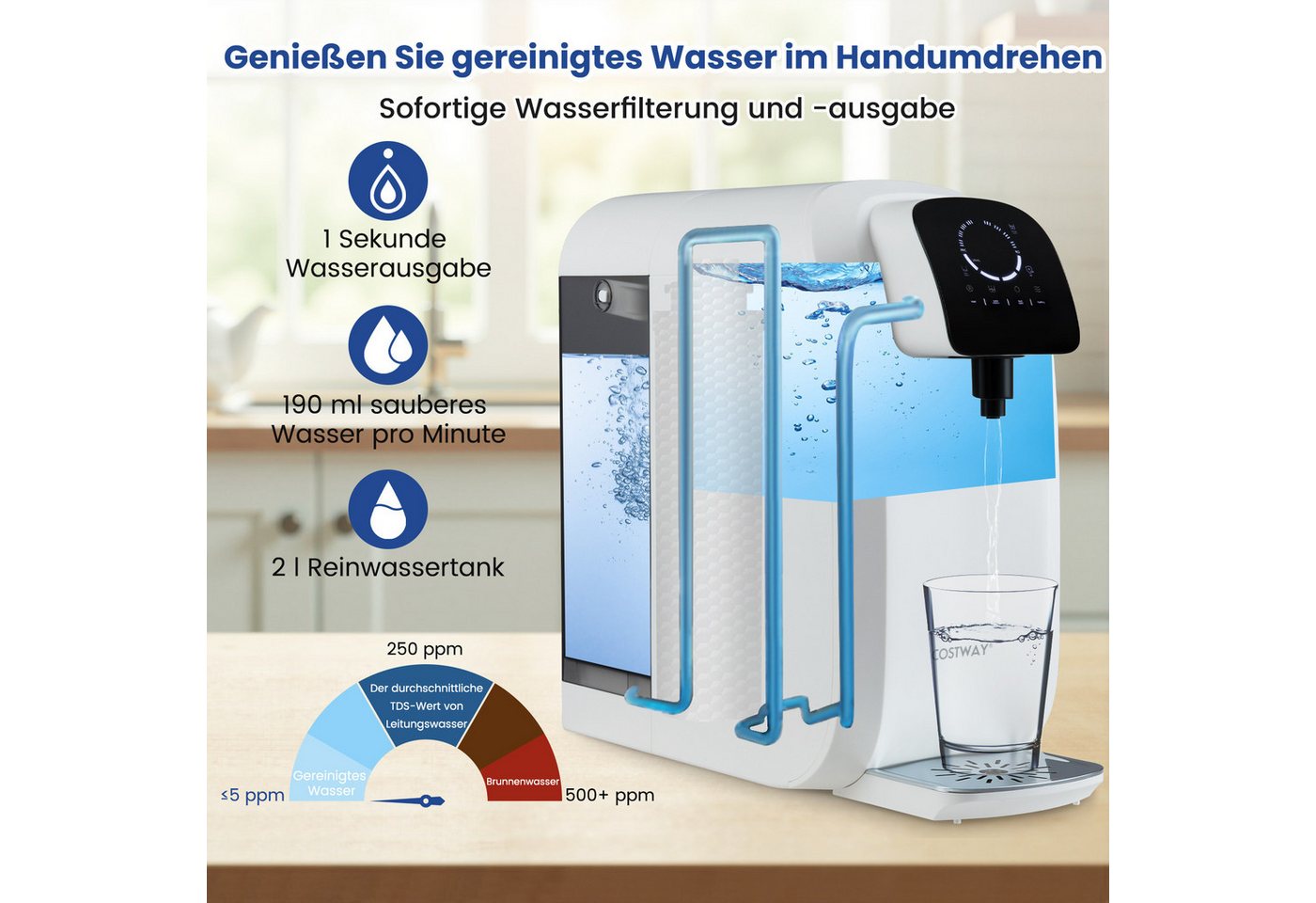COSTWAY Wasserfilter, 5-stufiges RO+PPC System mit UV-Licht Bild 3
