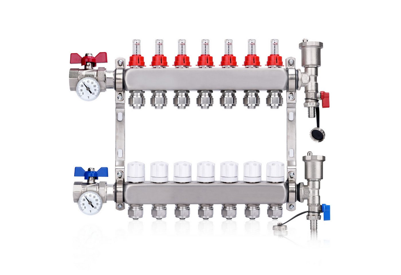 XERSEK Heizkreisverteiler Fußbodenheizung Festwertregelset, 2-13 Heizkreise, Klemmverschraubung (Edelstahl Systemverteiler mit Thermometer Stellantriebe Durchflussreg), 1" Kugelhähne, 3/4" AG mit Eurokonus, Max.10 Bar Bild 4