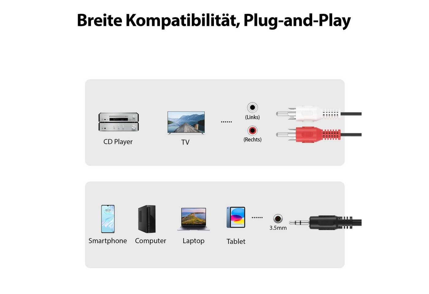 JAMEGA 3,5mm Klinke Stecker - 2x Cinch Stereo Audio AUX auf RCA Kopfhörer Audio-Kabel, (50 cm) Bild 4