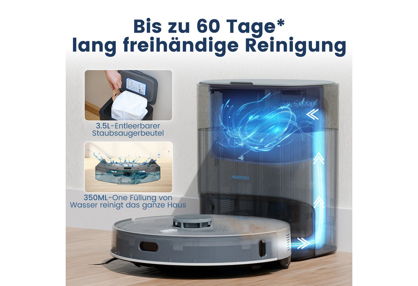AIRROBO Nass-Trocken-Saugroboter L50+ Roboterstaubsauger mit Wischfunktion und Absaugstation, 55 W, 5500 Pa Saugkraft, 75 Tage freihändige Reinigung, LDS-Navigation, Antitangle-Gummibürste, ideal für Tierhaare, 240 Min. Laufzeit Bild 4