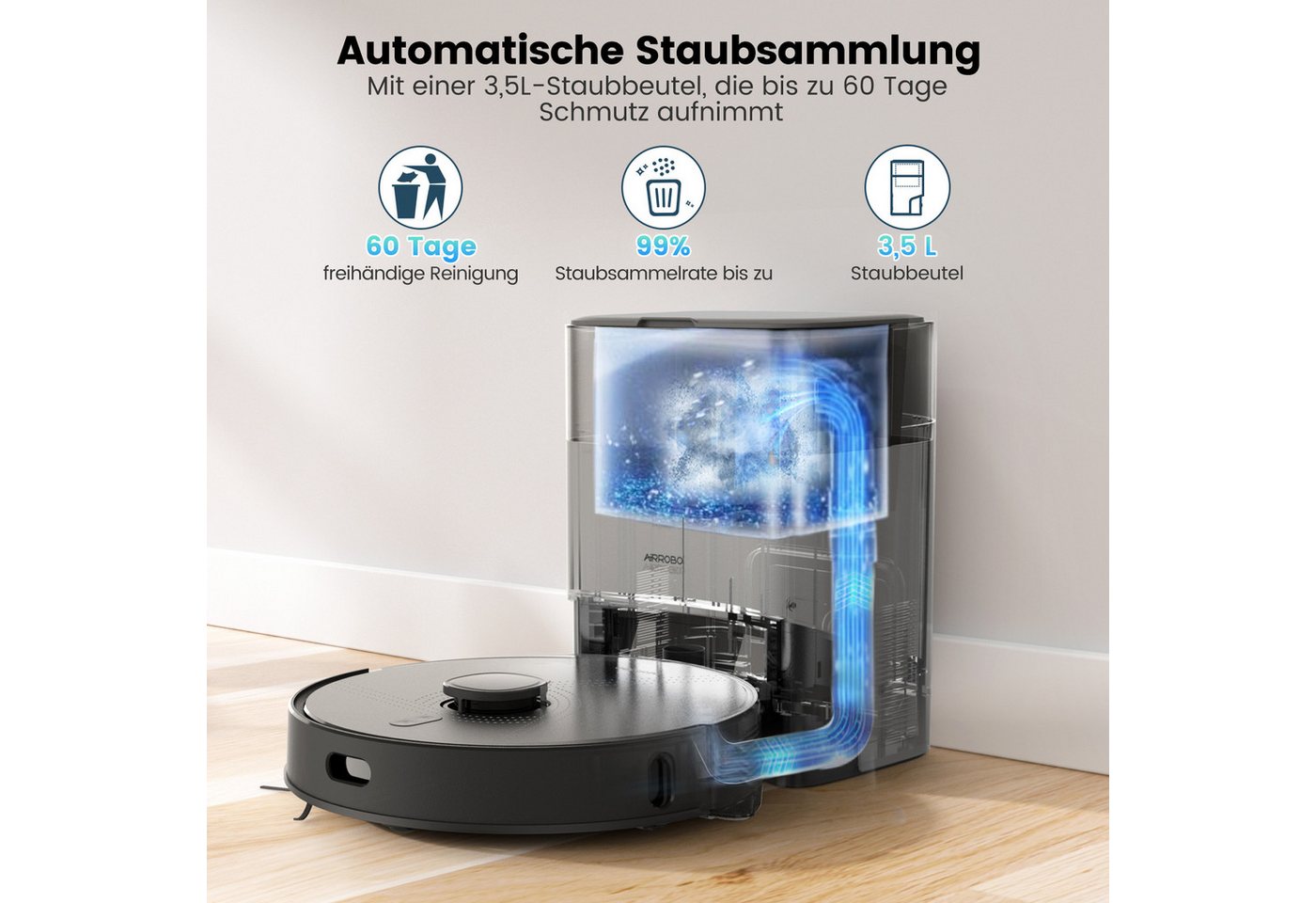 AIRROBO Nass-Trocken-Saugroboter L40+ Roboterstaubsauger mit Wischfunktion und Absaugstation, 50 W, 5500 Pa Saugkraft, 75 Tage freihändige Reinigung, USLAM LiDAR-Navigation, 3-in-1 Saugen & Wischen, 180 Min. Laufzeit Bild 2