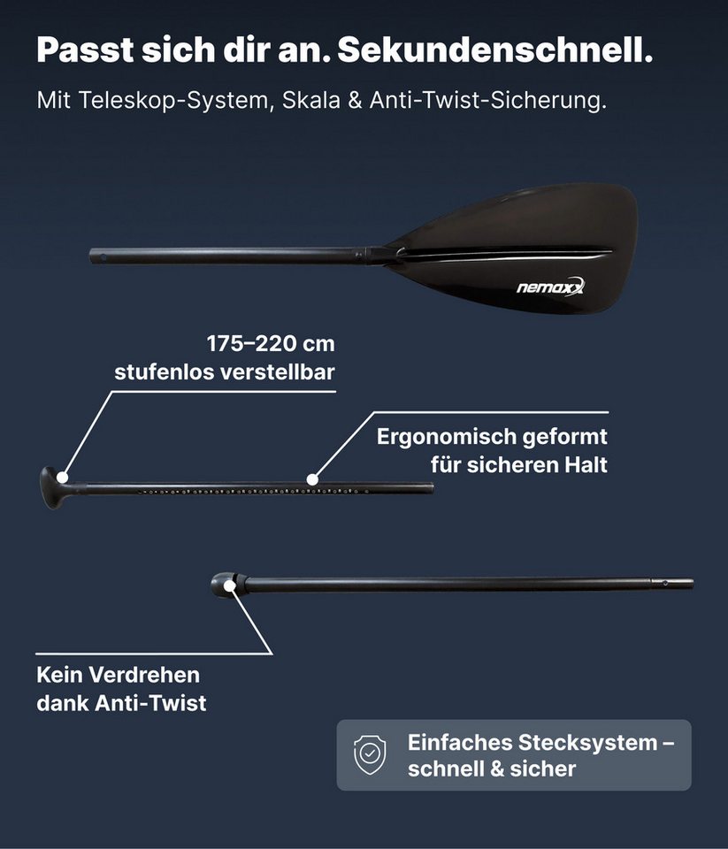 NEMAXX Sets 3-teilig Alu/Carbon verstellbar Kajak Kanu Touring Stechpaddel SUP-Paddel, (Mit Skala, sicherem Halt, präziser Längenverstellung und Ergogriff), Kompakt zerlegbar, flexibel verstellbar und für ruhige Führung gebaut Bild 4