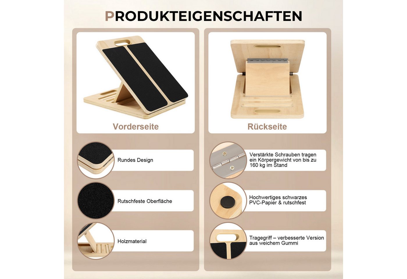 JOYOLEDER Balanceboard Wadendehner Schrägbrett aus Holz,Slant Board mit 5 Winkeln,Verstellbar, Wadenstrecker mit Tragegriff, Mobility Board für Wadenstreckung