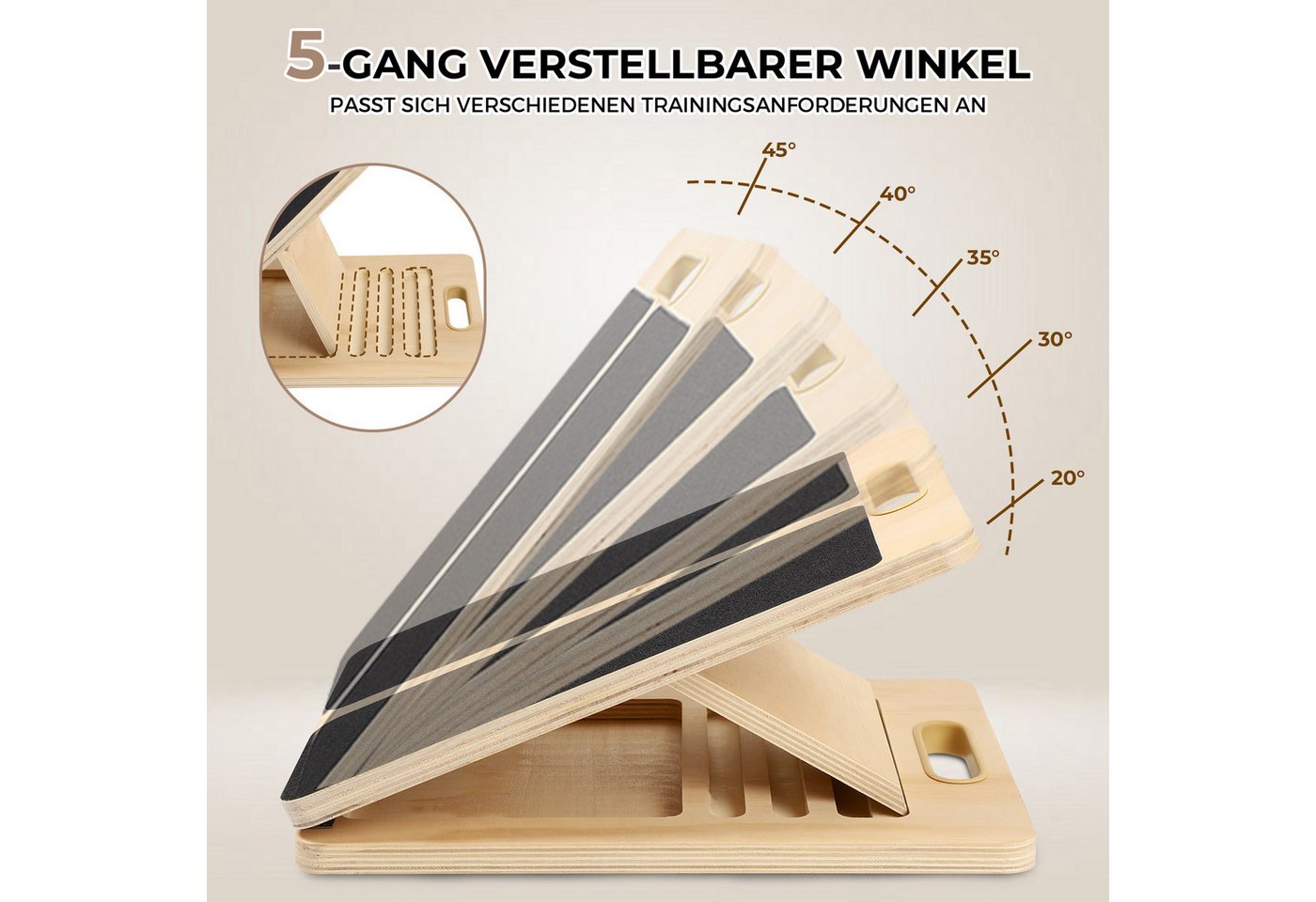 JOYOLEDER Balanceboard Wadendehner Schrägbrett aus Holz,Slant Board mit 5 Winkeln,Verstellbar, Wadenstrecker mit Tragegriff, Mobility Board für Wadenstreckung Bild 5