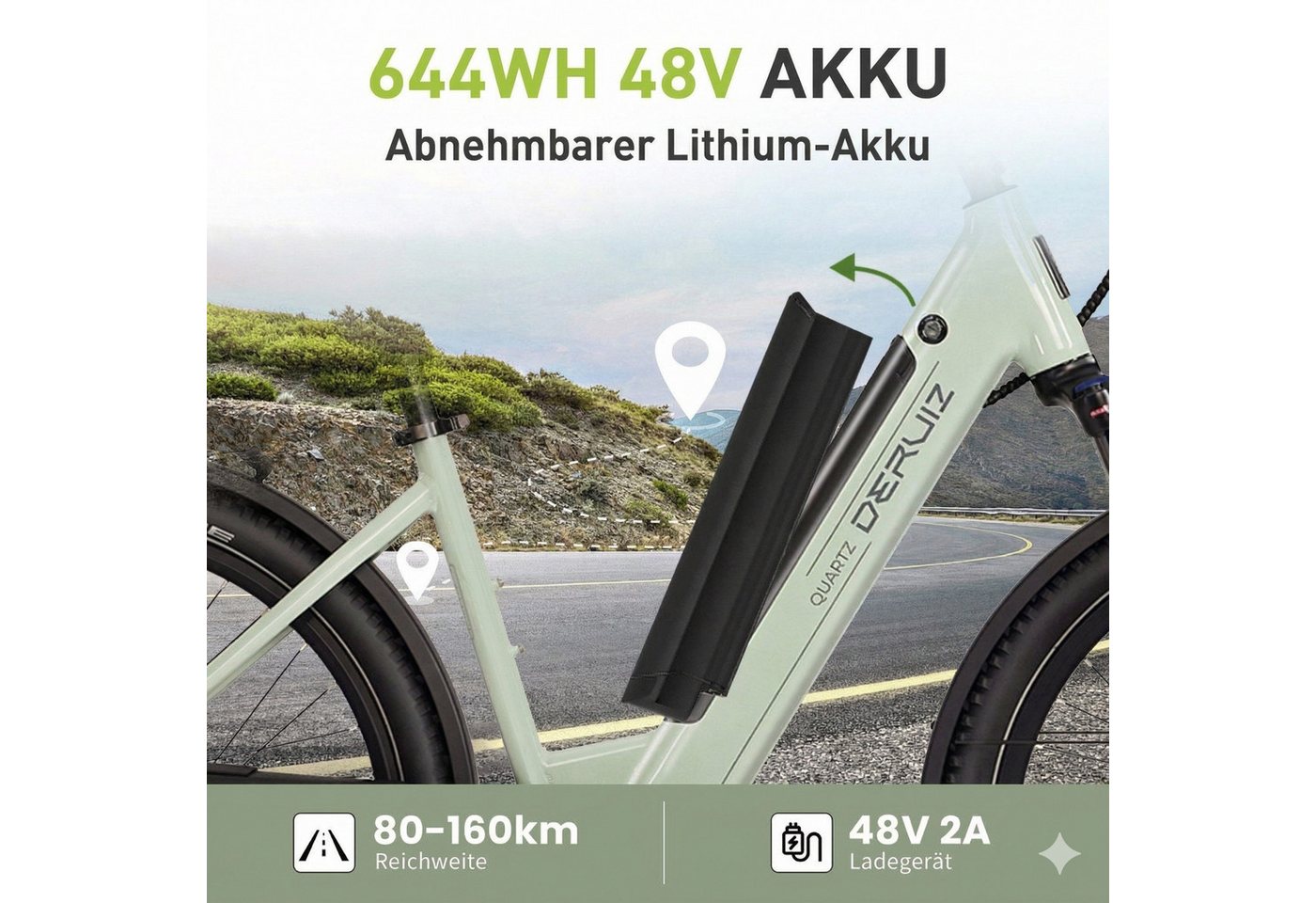 DERUIZ E-Bike 28 Zoll, Quartz SUV, 160 km, Drehmomentsensor, Bluetooth & APP, 8 Gang SHIMANO, Kettenschaltung, Heckmotor, 644 Wh, (LCD-Farb-Display, 120 Lux Frontlicht, Lockout-Federgabel, 5 Stufen), Elektrofahrrad, bis zu ca. 140kg, RH: 46 cm, hydr. Scheibenbremsen
