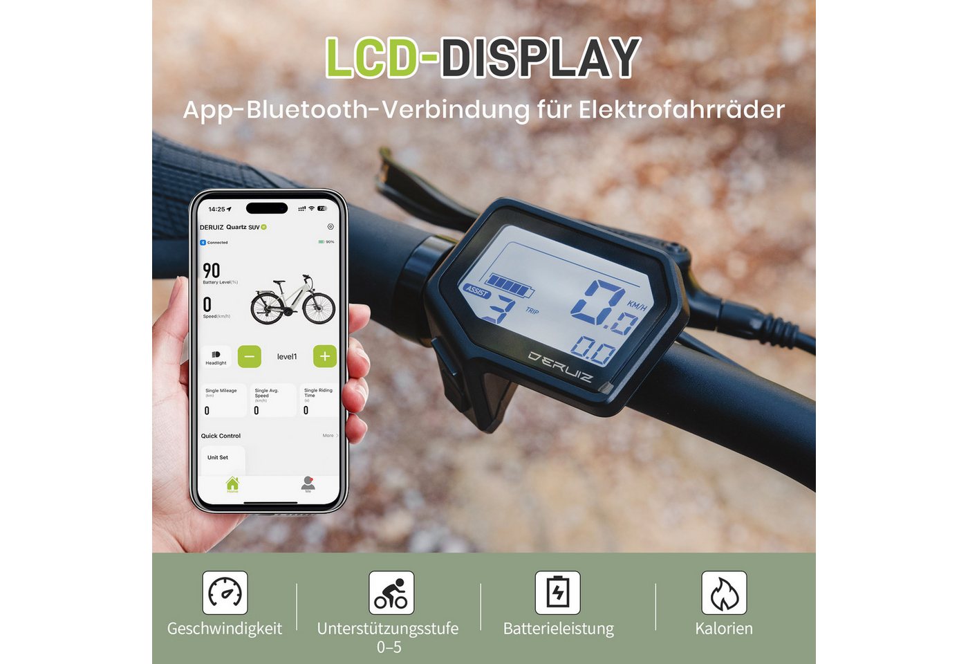 DERUIZ E-Bike 28 Zoll, Quartz SUV, 160 km, Drehmomentsensor, Bluetooth & APP, 8 Gang SHIMANO, Kettenschaltung, Heckmotor, 644 Wh, (LCD-Farb-Display, 120 Lux Frontlicht, Lockout-Federgabel, 5 Stufen), Elektrofahrrad, bis zu ca. 140kg, RH: 46 cm, hydr. Scheibenbremsen Bild 3