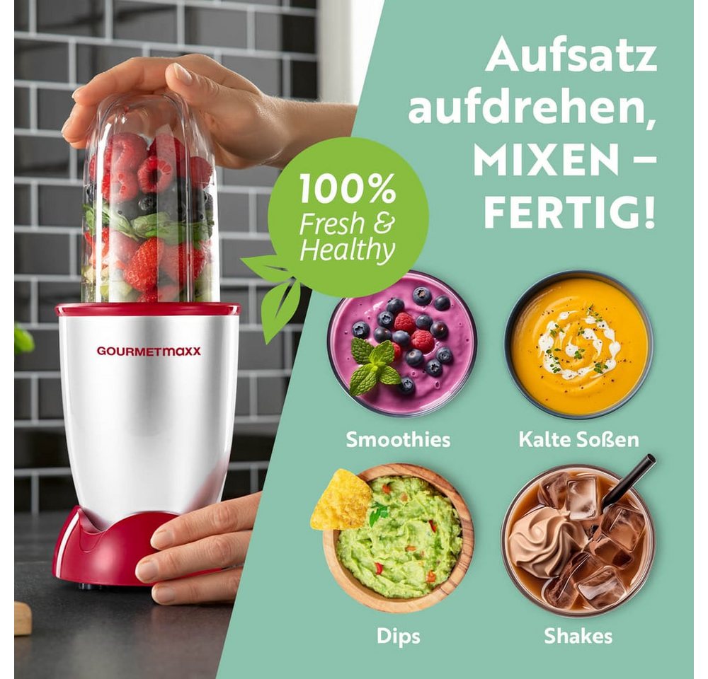 GOURMETmaxx Standmixer Mixer Mr. Magic 19-tlg. 400W silber/rot, 400 W, inkl. Zubehör-Set L rot Speisen Smoothies Getränke 4 Mixbecher To-Go