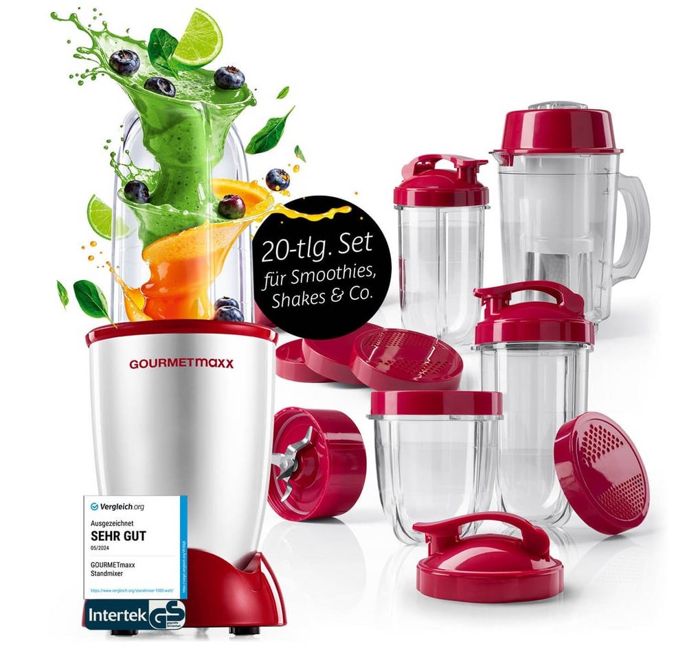 GOURMETmaxx Standmixer Mixer Mr. Magic 19-tlg. 400W silber/rot, 400 W, inkl. Zubehör-Set L rot Speisen Smoothies Getränke 4 Mixbecher To-Go Bild 3