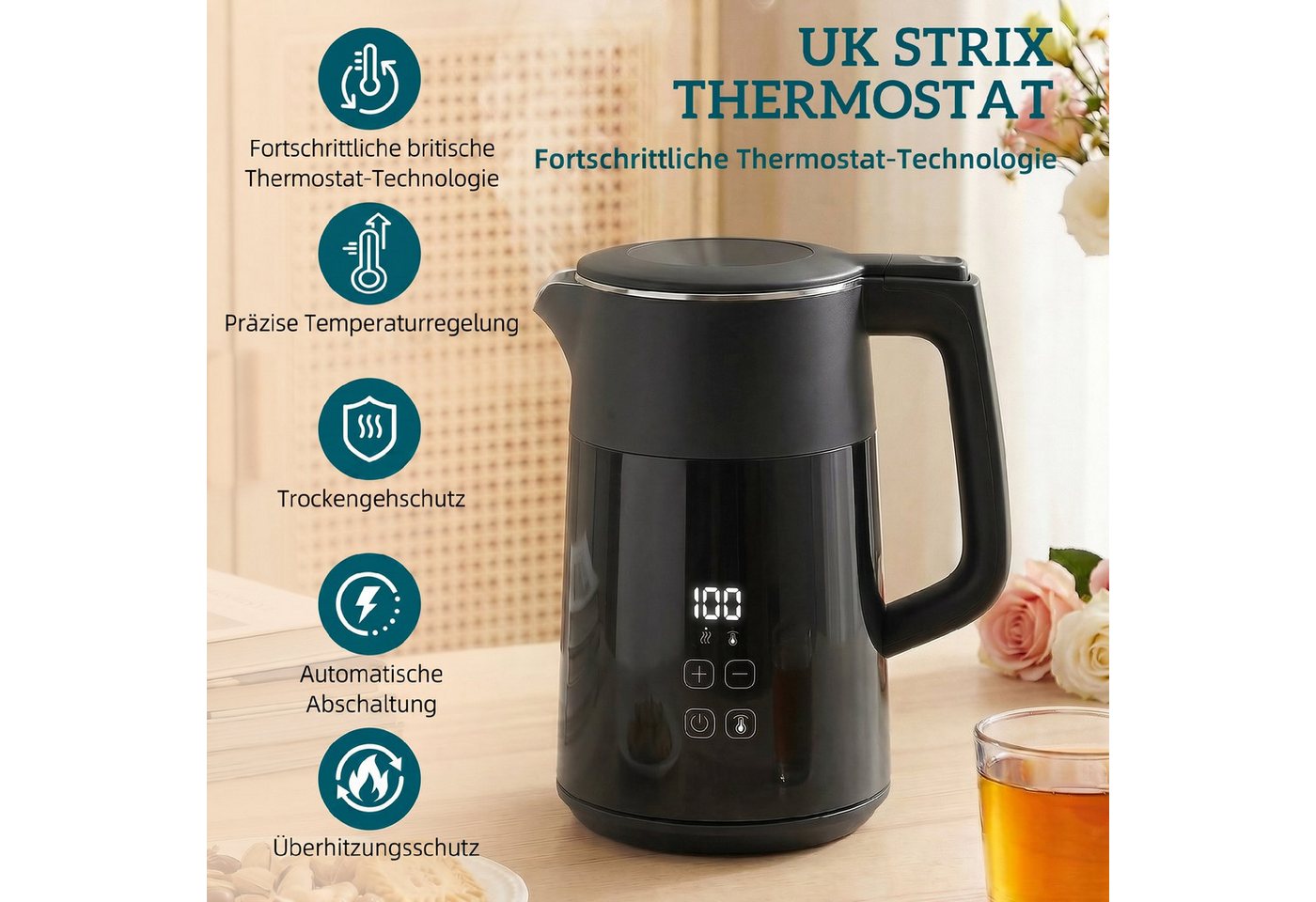 HOMCOM Wasserkocher, 1.7 l, 3000 W, PTFE-freier Edelstahl, elektronische Temperatureinstellung Bild 2