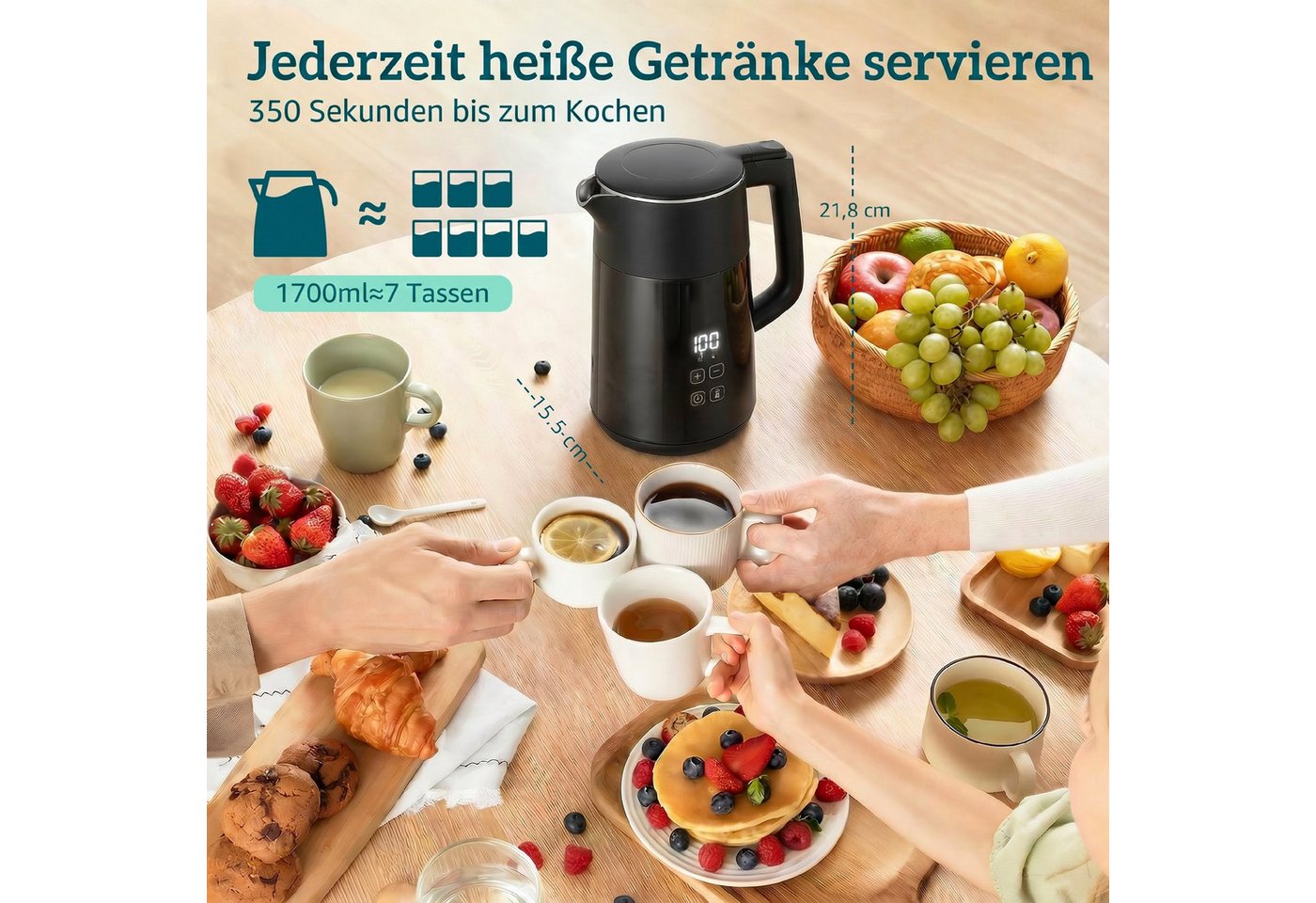 HOMCOM Wasserkocher, 1.7 l, 3000 W, PTFE-freier Edelstahl, elektronische Temperatureinstellung Bild 4