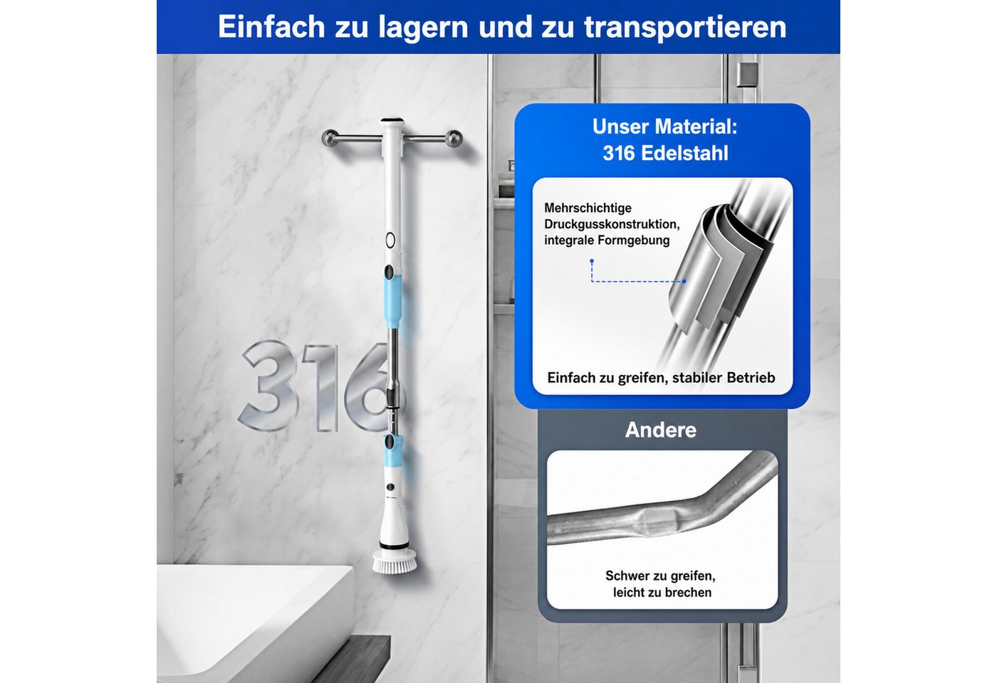 TASVAC Hartbodenreiniger EB5 Akku-Reinigungsset 21W, 2000mAh, 180 Min. Laufzeit, 5 Bürstenköpfe, 21 W, Nicht zutreffend, Verstellbarer Griff,wasserdichtes Gehäuse Bild 2