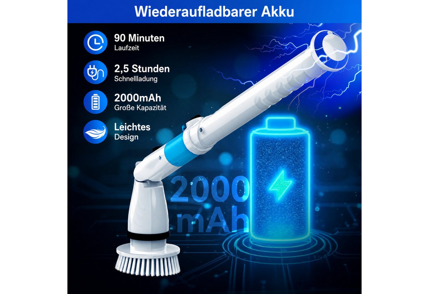 TASVAC Hartbodenreiniger EB5 Akku-Reinigungsset 21W, 2000mAh, 180 Min. Laufzeit, 5 Bürstenköpfe, 21 W, Nicht zutreffend, Verstellbarer Griff,wasserdichtes Gehäuse Bild 4
