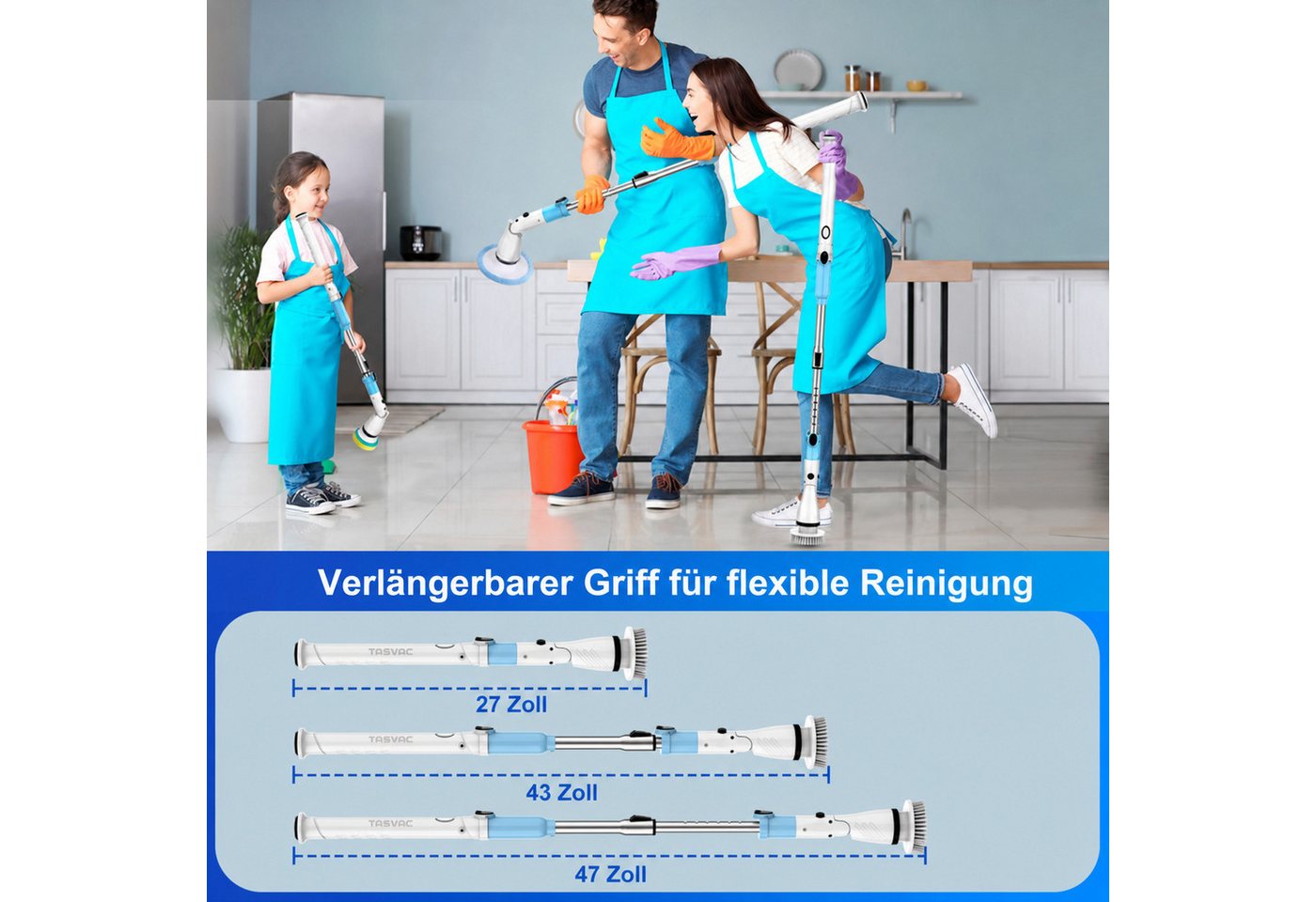 TASVAC Hartbodenreiniger EB5 Akku-Reinigungsset 21W, 2000mAh, 180 Min. Laufzeit, 5 Bürstenköpfe, 21 W, Nicht zutreffend, Verstellbarer Griff,wasserdichtes Gehäuse Bild 5