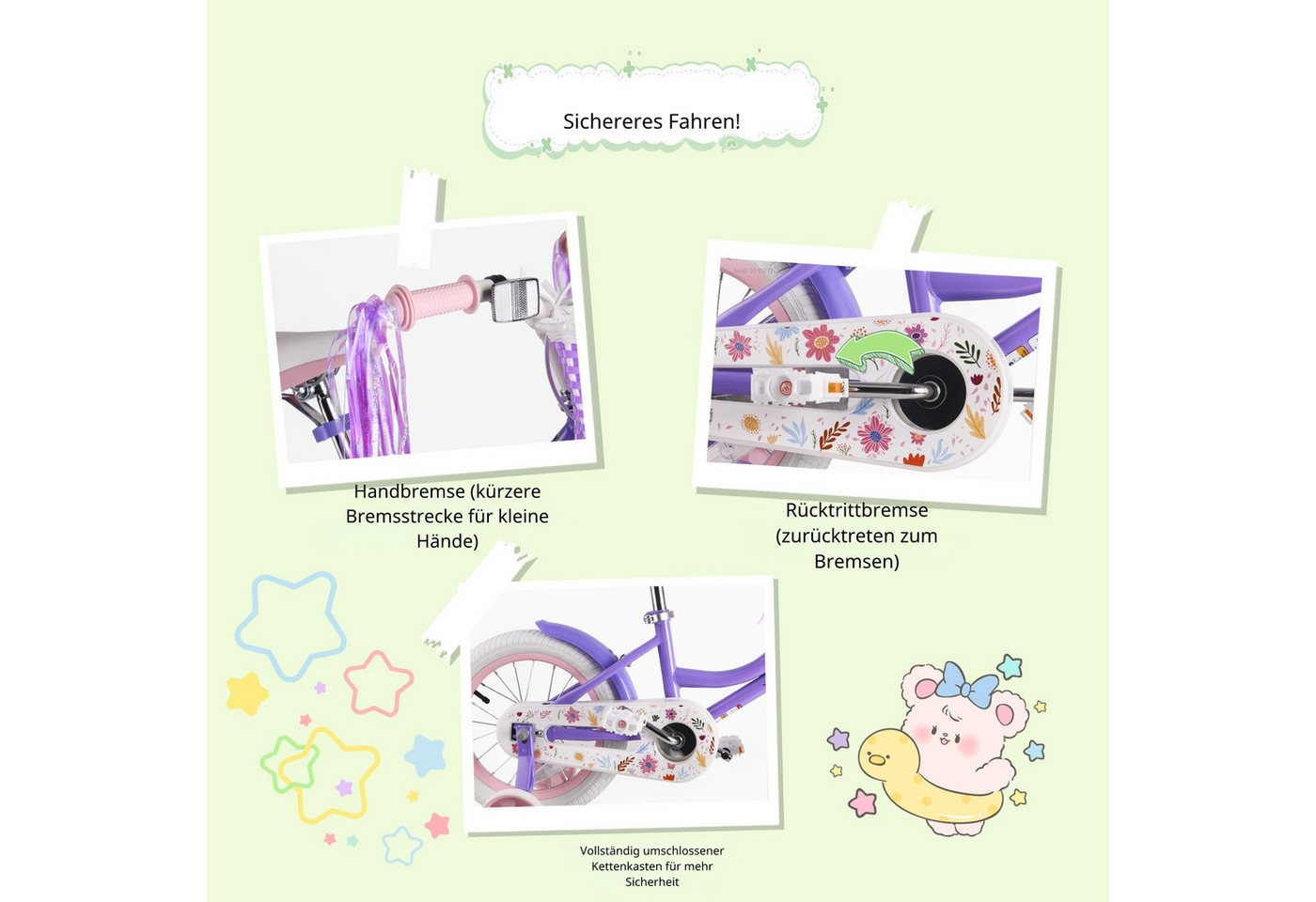 Vankel Kinderfahrrad 12/14/16/18 Zoll mit Stützrädern, 1 Gang, Mit Korb, Puppensitz & Kettenschutz