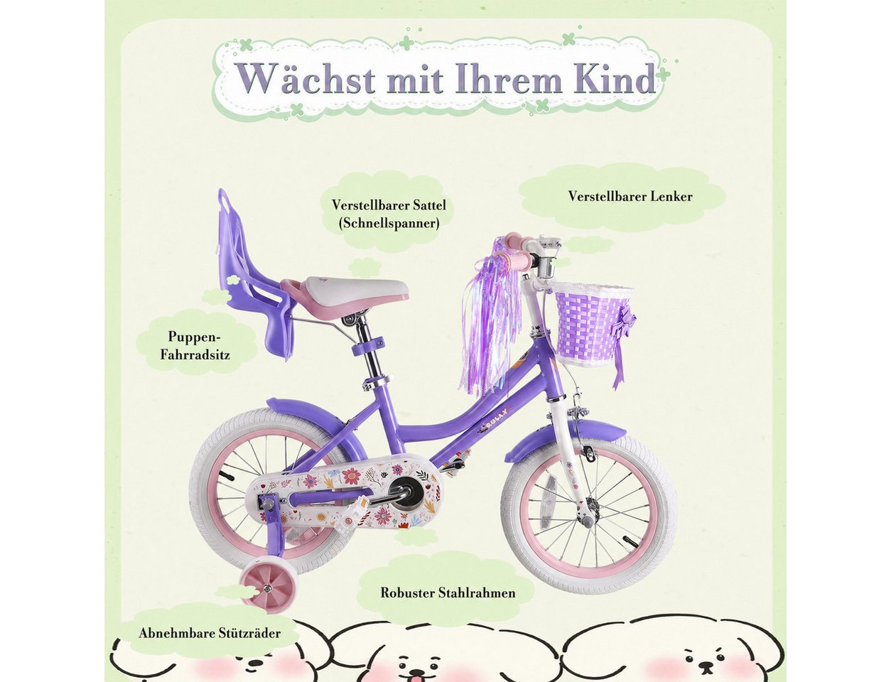 Vankel Kinderfahrrad 12/14/16/18 Zoll mit Stützrädern, 1 Gang, Mit Korb, Puppensitz & Kettenschutz Bild 3