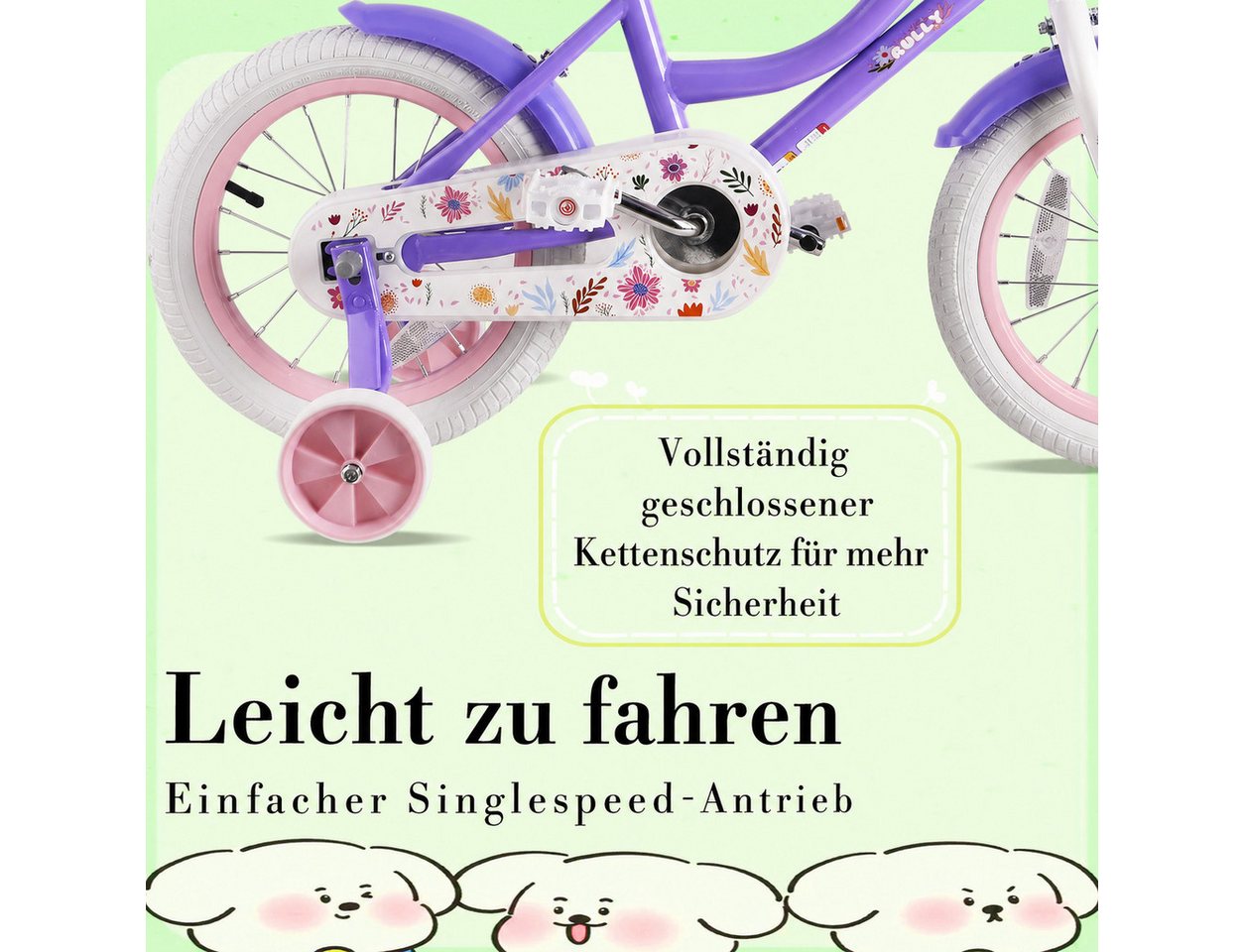 Vankel Kinderfahrrad 12/14/16/18 Zoll mit Stützrädern, 1 Gang, Mit Korb, Puppensitz & Kettenschutz Bild 5