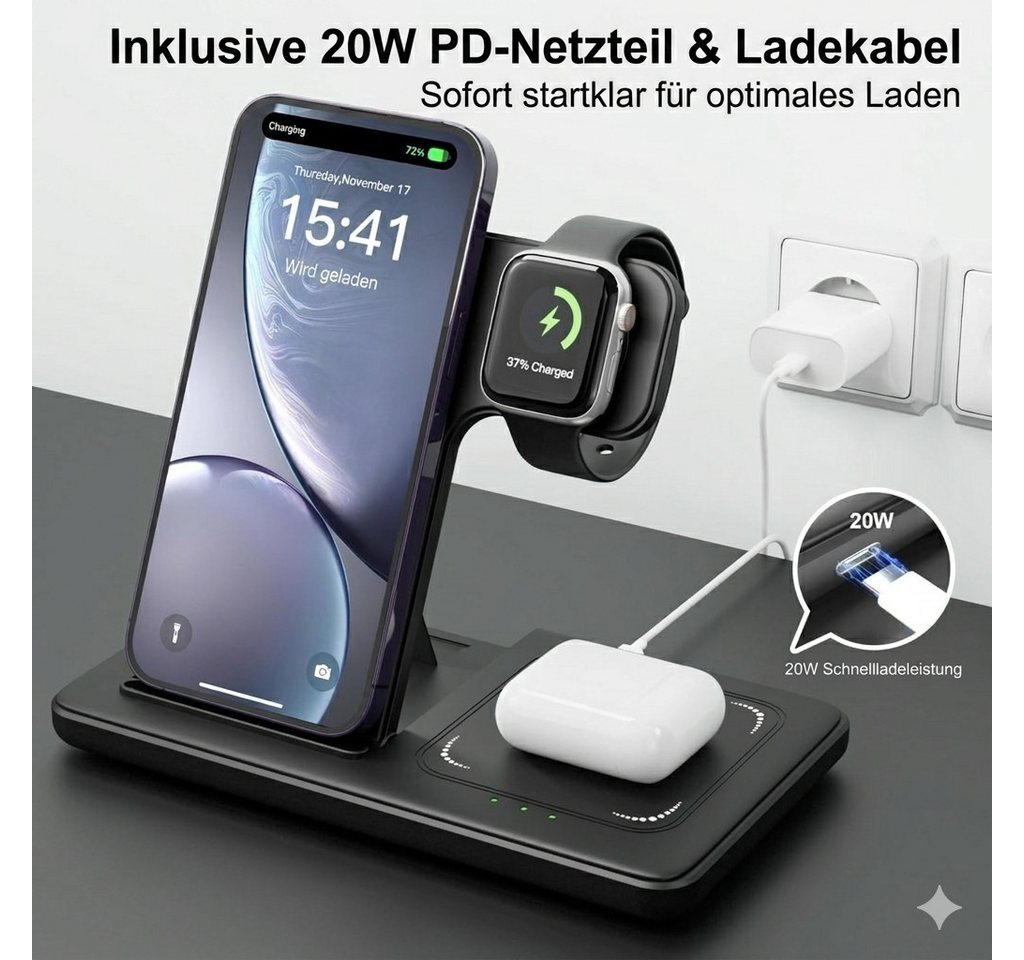 LUOATIP 3 in 1 Wireless Charger für iPhone Apple Watch und AirPods Dock Wireless Charger (3000 mA, Magnetische 3 in 1 Ladestation für iPhone Apple Watch AirPods Dock, 3 in 1 Wireless Charger Induktionsladestation mit 20W Netzteil Set, MagSafe kompatibel Schnellladestation mit Ladestatusanzeige schwarz) Bild 3