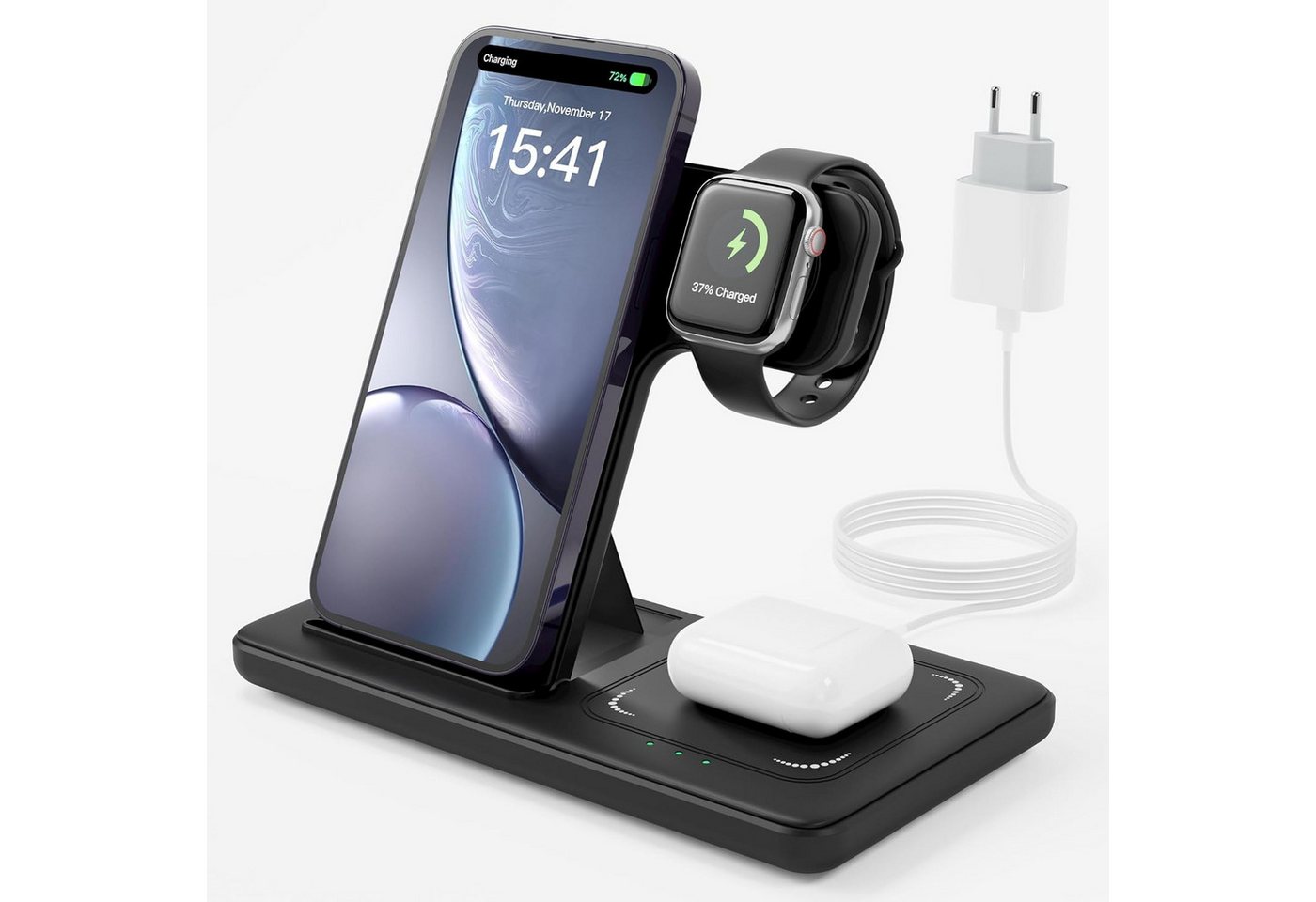 LUOATIP 3 in 1 Wireless Charger für iPhone Apple Watch und AirPods Dock Wireless Charger (3000 mA, Magnetische 3 in 1 Ladestation für iPhone Apple Watch AirPods Dock, 3 in 1 Wireless Charger Induktionsladestation mit 20W Netzteil Set, MagSafe kompatibel Schnellladestation mit Ladestatusanzeige schwarz) Bild 4