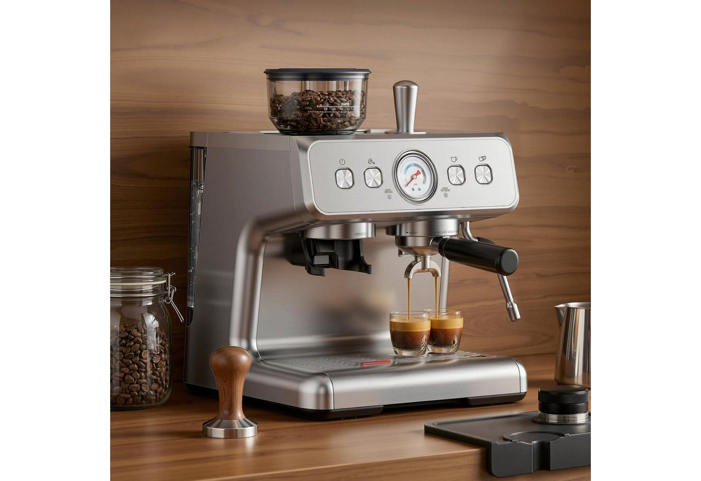 COWSAR Espressomaschine Kaffeemaschine mit integriertem Kegelmahlwerk,30 Mahlgradeinstellungen,PID-Temperaturregelung, Manometer, Edelstahl-Espressomaschine mit Tassenwärmer