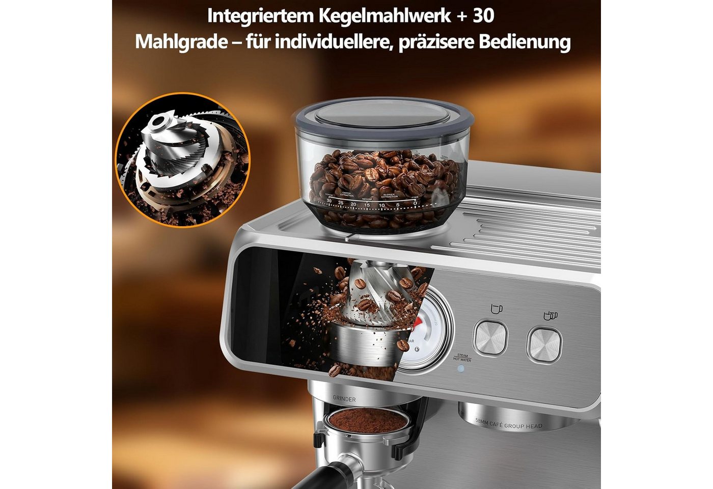 COWSAR Espressomaschine Kaffeemaschine mit integriertem Kegelmahlwerk,30 Mahlgradeinstellungen,PID-Temperaturregelung, Manometer, Edelstahl-Espressomaschine mit Tassenwärmer Bild 2