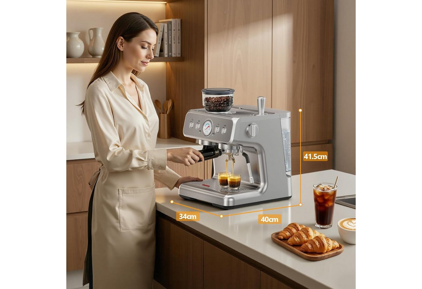 COWSAR Espressomaschine Kaffeemaschine mit integriertem Kegelmahlwerk,30 Mahlgradeinstellungen,PID-Temperaturregelung, Manometer, Edelstahl-Espressomaschine mit Tassenwärmer Bild 3