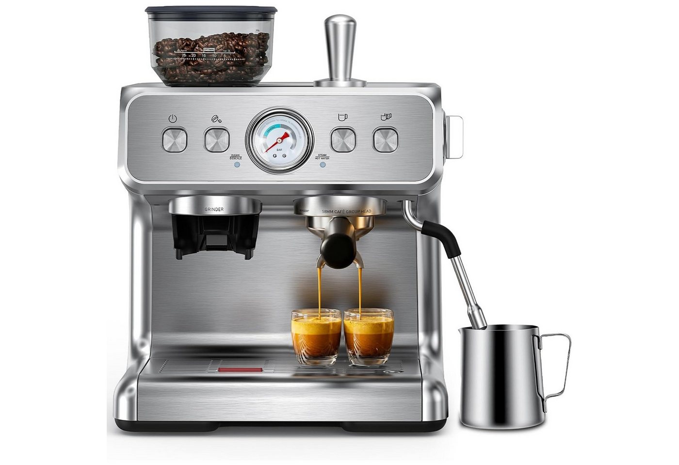 COWSAR Espressomaschine Kaffeemaschine mit integriertem Kegelmahlwerk,30 Mahlgradeinstellungen,PID-Temperaturregelung, Manometer, Edelstahl-Espressomaschine mit Tassenwärmer Bild 4