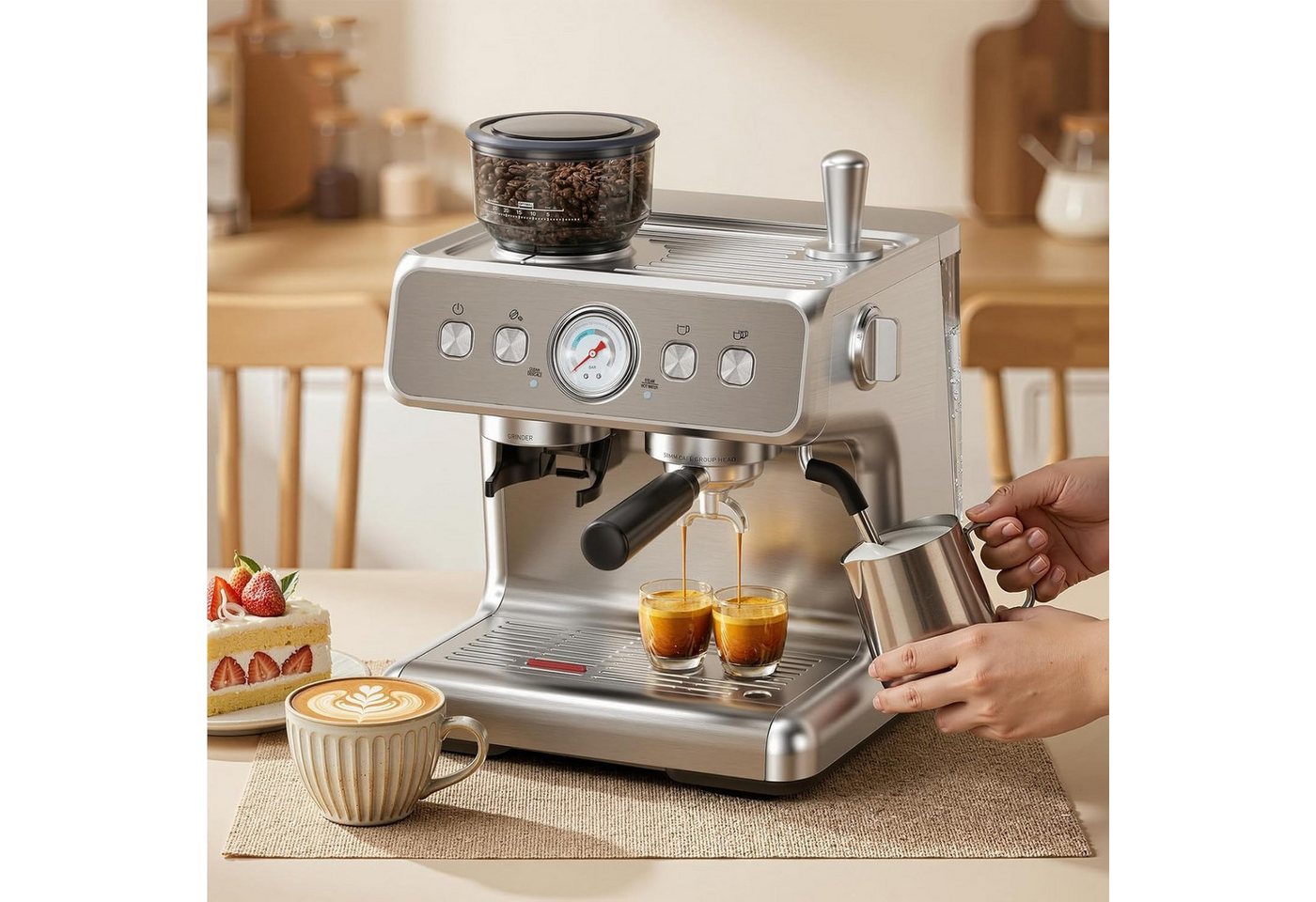 COWSAR Espressomaschine Kaffeemaschine mit integriertem Kegelmahlwerk,30 Mahlgradeinstellungen,PID-Temperaturregelung, Manometer, Edelstahl-Espressomaschine mit Tassenwärmer Bild 5