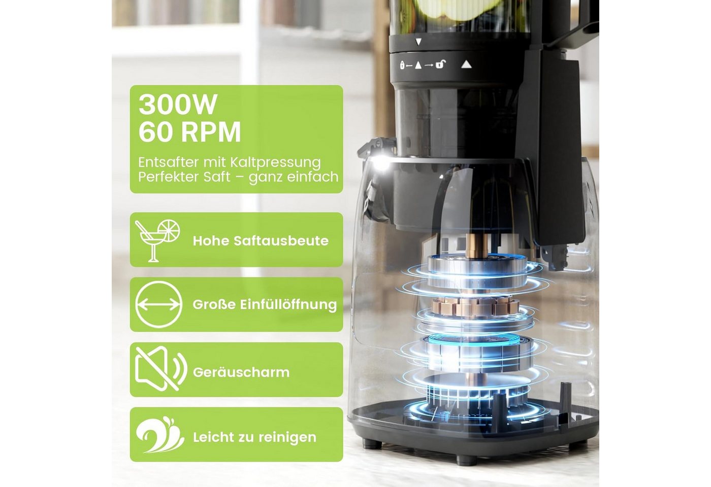 Kismile Entsafter mit modernem Touchscreen, 135 mm XXL-Einfüllschacht, 300 W, Hohe Saftausbeute für Gemüse & Obst, Schlankes Design Bild 2