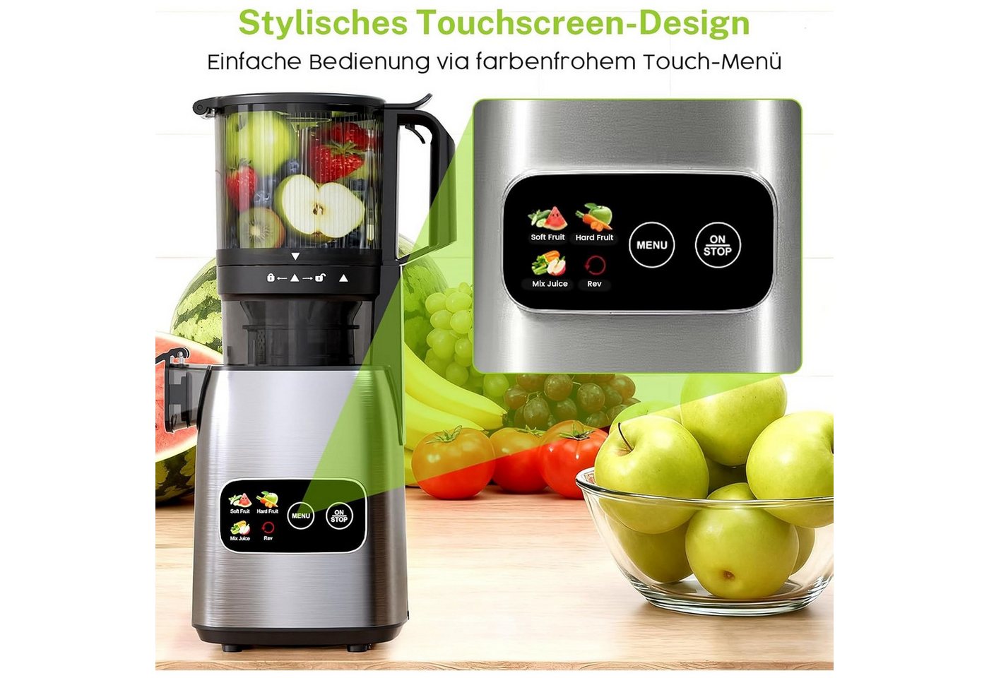 Kismile Entsafter mit modernem Touchscreen, 135 mm XXL-Einfüllschacht, 300 W, Hohe Saftausbeute für Gemüse & Obst, Schlankes Design Bild 3