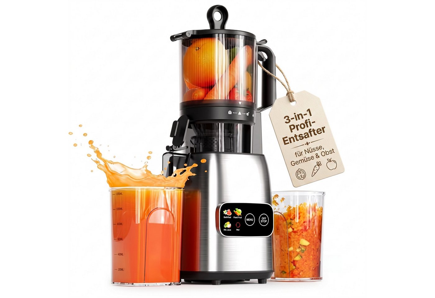 Kismile Entsafter mit modernem Touchscreen, 135 mm XXL-Einfüllschacht, 300 W, Hohe Saftausbeute für Gemüse & Obst, Schlankes Design Bild 4