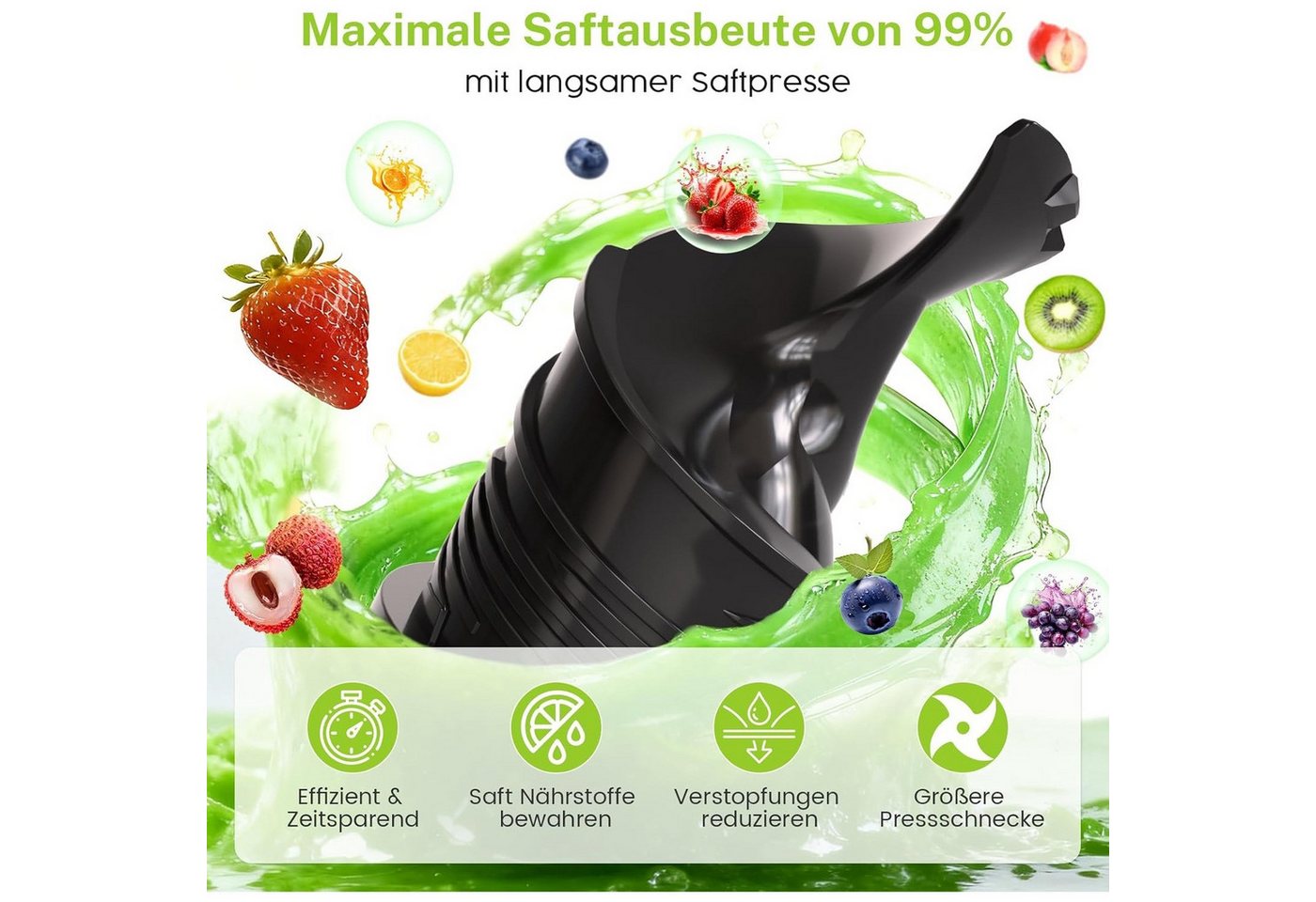 Kismile Entsafter Slow Juicer mit 135mm extra großem Einfüllschacht, 300 W, Leicht zu reinigen, Entsafter für ganzes Obst und Gemüse