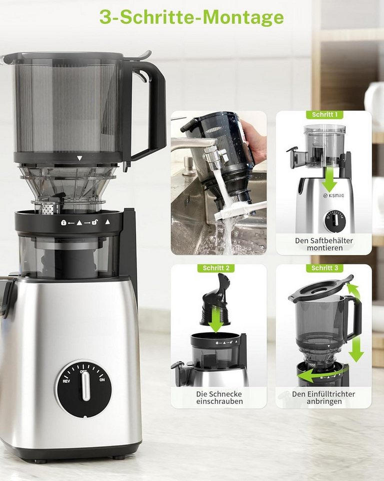 Kismile Entsafter Slow Juicer mit 135mm extra großem Einfüllschacht, 300 W, Leicht zu reinigen, Entsafter für ganzes Obst und Gemüse Bild 3