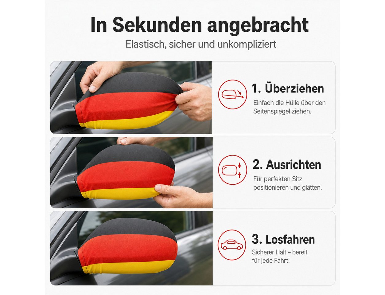 BRUBAKER Flagge Deutschland Autospiegel Flagge - Autofahnen für PKW Außenspiegel (Schwarz Rot Gold, 2-St., Fanartikel Überzug für Weltmeisterschaft USA), 2er Set Spiegel Cover Deutschlandfahne für WM 2026 Bild 4