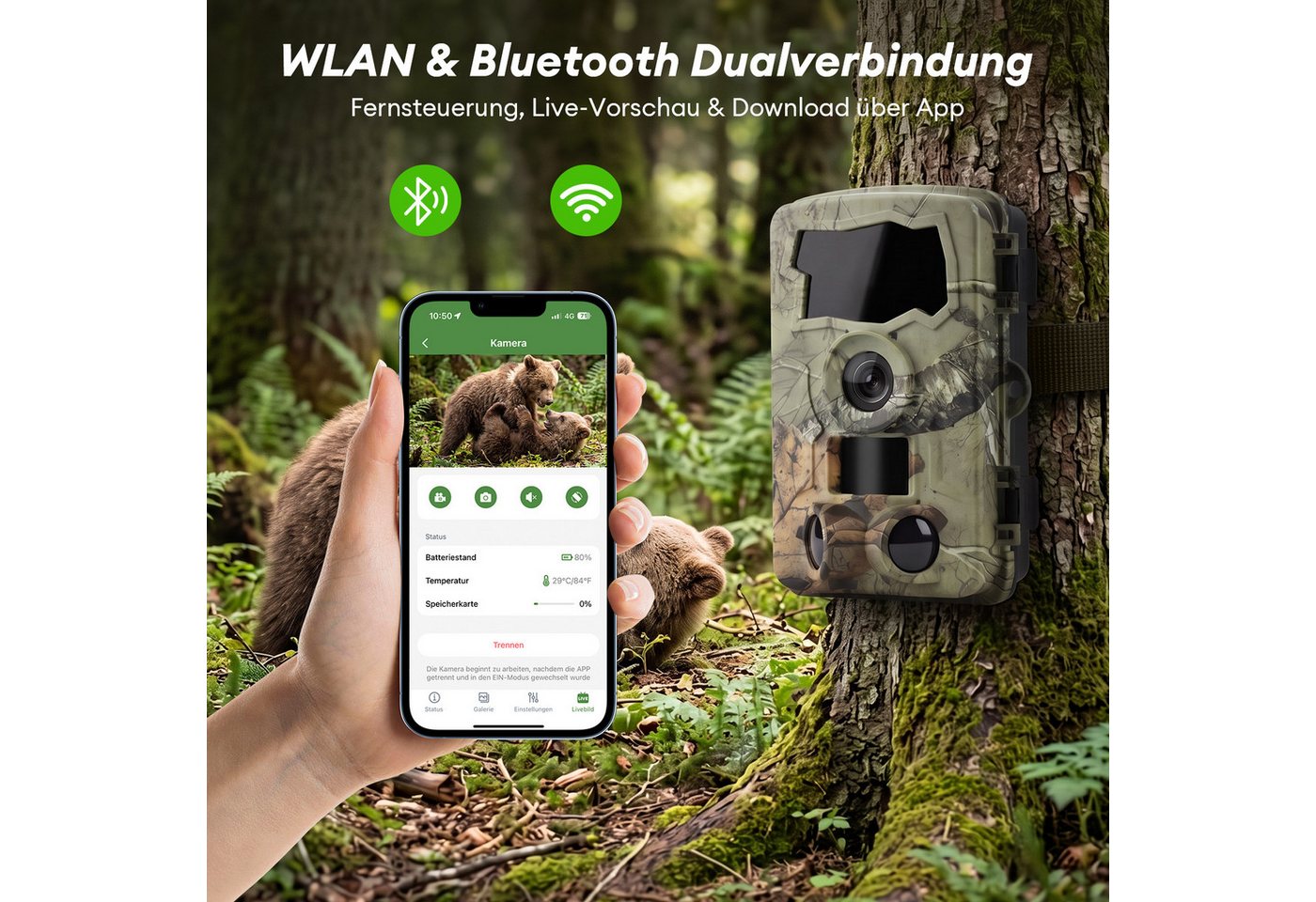 CkeyiN Wildkamera 5K Video 64MP Foto WLAN mit Handyübertragung APP 0,1s Auslösezeit (Außenbereich, Infrarot Wildkamera mit 32G Speicherkarte Bewegungssensor IP66)