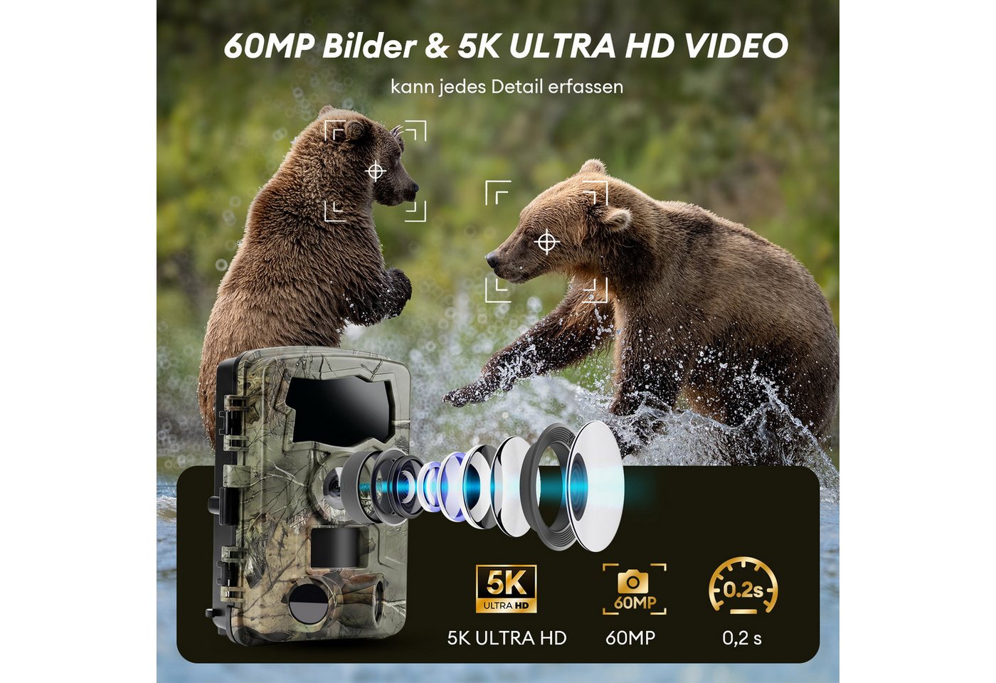 CkeyiN Wildkamera 5K Video 64MP Foto WLAN mit Handyübertragung APP 0,1s Auslösezeit (Außenbereich, Infrarot Wildkamera mit 32G Speicherkarte Bewegungssensor IP66) Bild 5