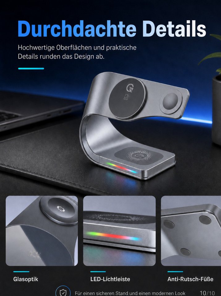 Luckice 4-in-1 Induktive Ladegerät,Wireless Charger Ladestation mit bis zu 15W Ladestation (N52-Magnet, USB-A-Ausgang und LED-Anzeige, für iPhone 12–17, Apple Watch Series und AirPods MagSafe Ladestation, kompatibel Schnellladestation mit Ladestatusanzeige)