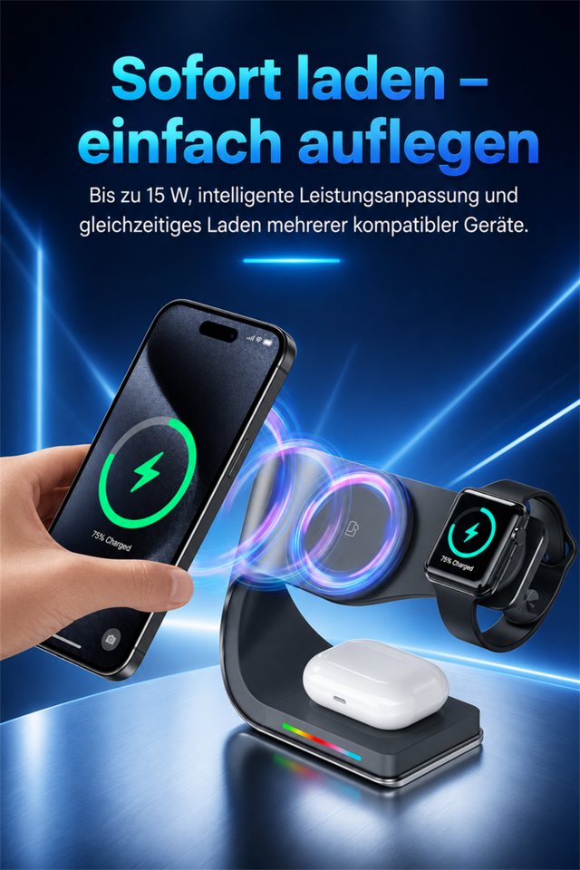 Luckice 4-in-1 Induktive Ladegerät,Wireless Charger Ladestation mit bis zu 15W Ladestation (N52-Magnet, USB-A-Ausgang und LED-Anzeige, für iPhone 12–17, Apple Watch Series und AirPods MagSafe Ladestation, kompatibel Schnellladestation mit Ladestatusanzeige) Bild 3