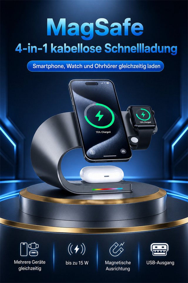 Luckice 4-in-1 Induktive Ladegerät,Wireless Charger Ladestation mit bis zu 15W Ladestation (N52-Magnet, USB-A-Ausgang und LED-Anzeige, für iPhone 12–17, Apple Watch Series und AirPods MagSafe Ladestation, kompatibel Schnellladestation mit Ladestatusanzeige) Bild 4