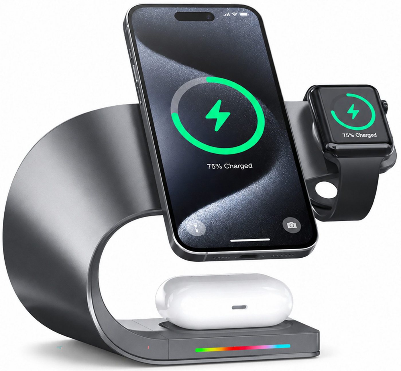 Luckice 4-in-1 Induktive Ladegerät,Wireless Charger Ladestation mit bis zu 15W Ladestation (N52-Magnet, USB-A-Ausgang und LED-Anzeige, für iPhone 12–17, Apple Watch Series und AirPods MagSafe Ladestation, kompatibel Schnellladestation mit Ladestatusanzeige) Bild 5