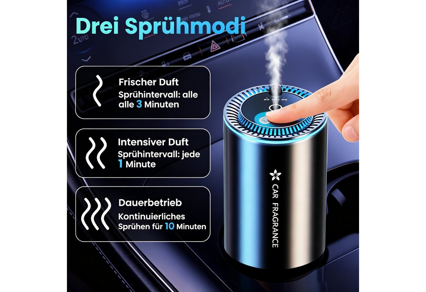 ibettertec Luftbefeuchter Auto Lufterfrischer Auto Elektrischer Duft Aroma Diffusor 3 Modi, Wasserloser Diffuser für ätherische Öle,Aroma Diffuser,Auto duft