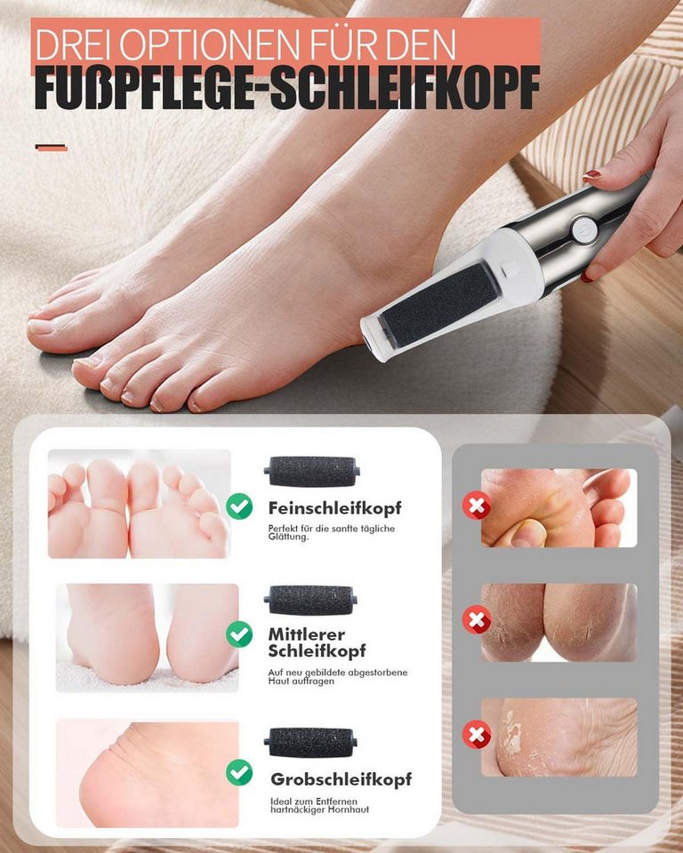 AIBISTAR Elektrischer Hornhautentferner Hornhautentferner Elektrischer Fußpflegegerät, 3 Stufen, USB-C, IPX4, 3 Wechselrollen,Professionelle Fußpflege für zu Hause Bild 2