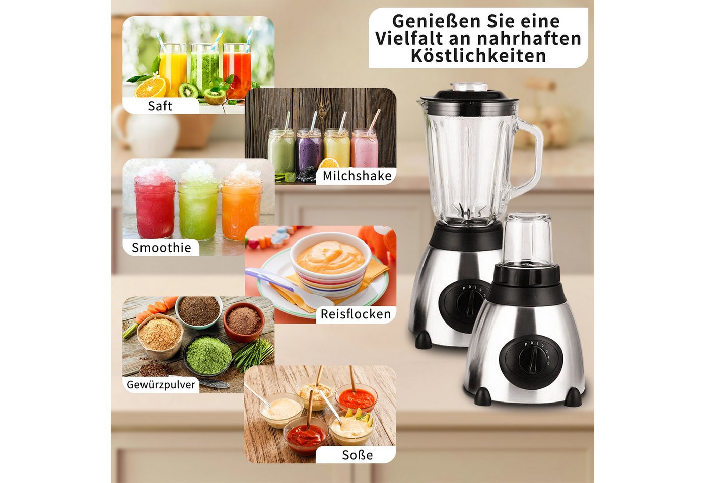 Fyrove Standmixer 2026 Neu Standmixer,Mixer VitaBoost,Edelstahl Silber Glas Smoothie, 1500 W, Maker,Milchshaker Blender 1,5 L,Eiscrusher,6-Klingen für Ice Püree Bild 2